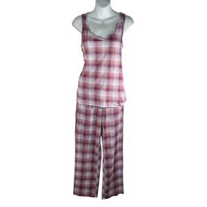 Eddie Bauer 3pc Pajama Set Women Medium Pink Plaid Lounge Tank Shorts Pants